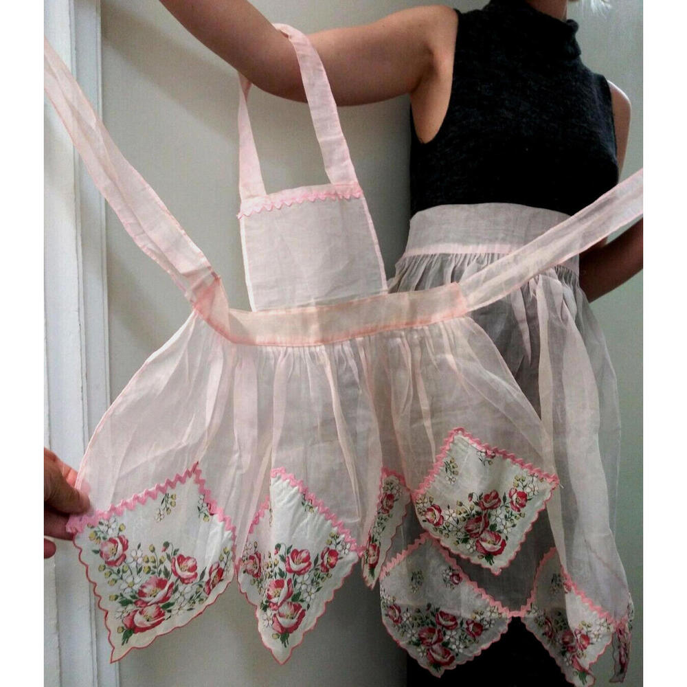 40s 50s Pink Silk Organza Apron Mother Daughter Apron Set Red Roses Handkerchief